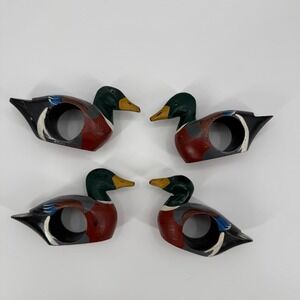 Vintage 70s Handpainted Mallard Duck Wooden Napkin Rings 4 Cabin Country Decor